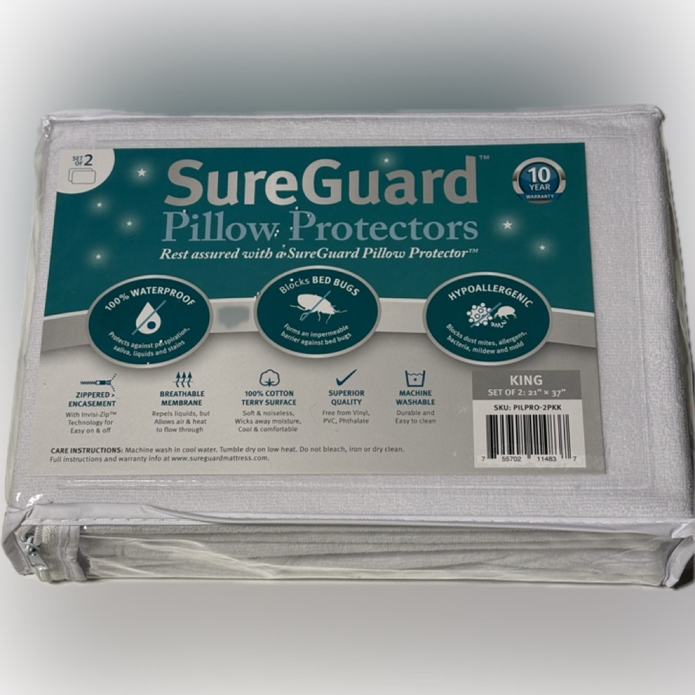 One Set of 2 SureGuard King Pillow Protectors - White